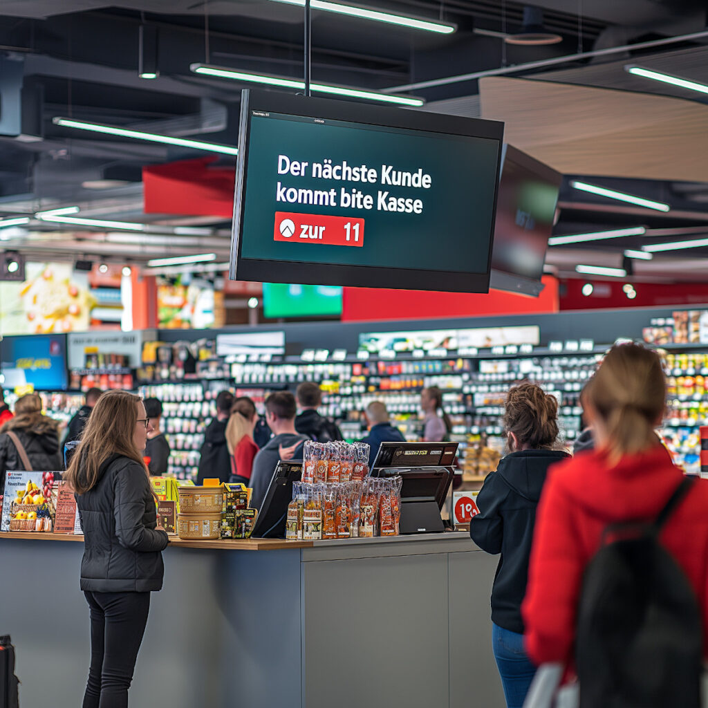Lineare Kassensystemlösung für den Markt, bei dem Kunden warten und die Nummer auf dem Bildschirm angezeigt wird